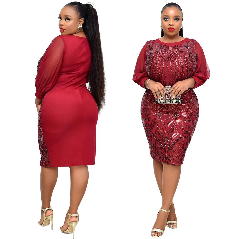 

2022 Summer African Women Long Sleeve Round Neck Polyester Sequined Knee-Length Dress African Dresses for Women
