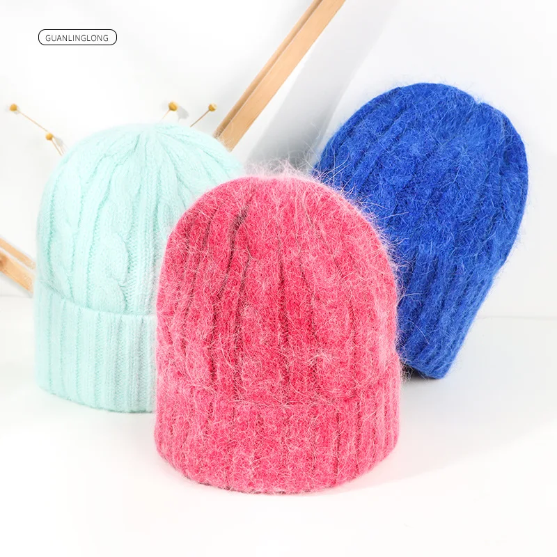 

VISROVER Solid Color Rabbit Fur Cashmere Winter Hat For Woman Soft Warm Woman Bonnet Autumn Warm Skullies Gift Wholesales