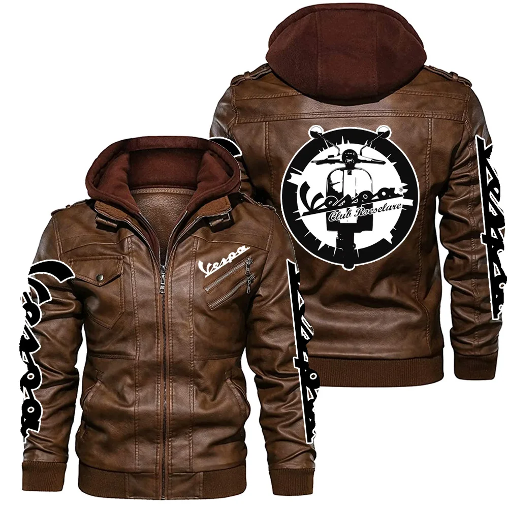 

2023 New Winter Men's Pu Leather Vespa Logo Long Sleeve Zipper Hooded Jacket Fleece-lined Fashion Keep Warm Coat