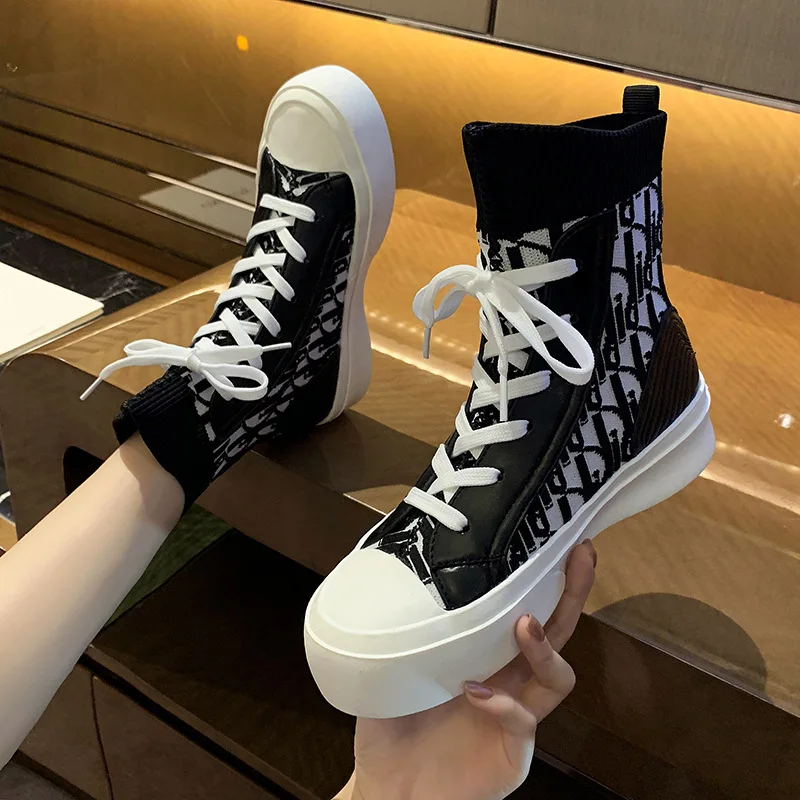 

LazySeal Cross Tied Women Stretch Boots Breathable Mesh Round Toe Knitting Ladies Shoes Platform Autumn Causal Slip On Footwear