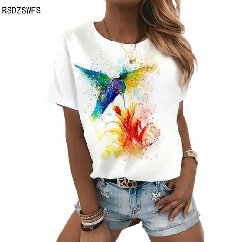 

2022 Pastoral Print T-shirt Women Fashion White Soft O-Neck Senior Gay Series Animal Short Sleeve T-shirt