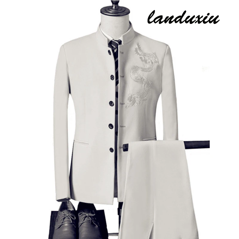 

Men's Stand Collar Chinese Style Wedding Dragon Totem Embroidered Suit 2 Piece Suit Set Jacket Vest Pants Men's Coat landuxiu