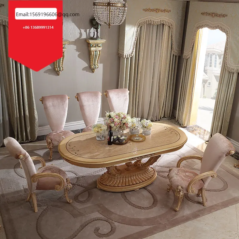 

French Pavilion Karlofia Art Collection French Retro Solid Wood Dining Table and Chair Combination Villa Furniture O6