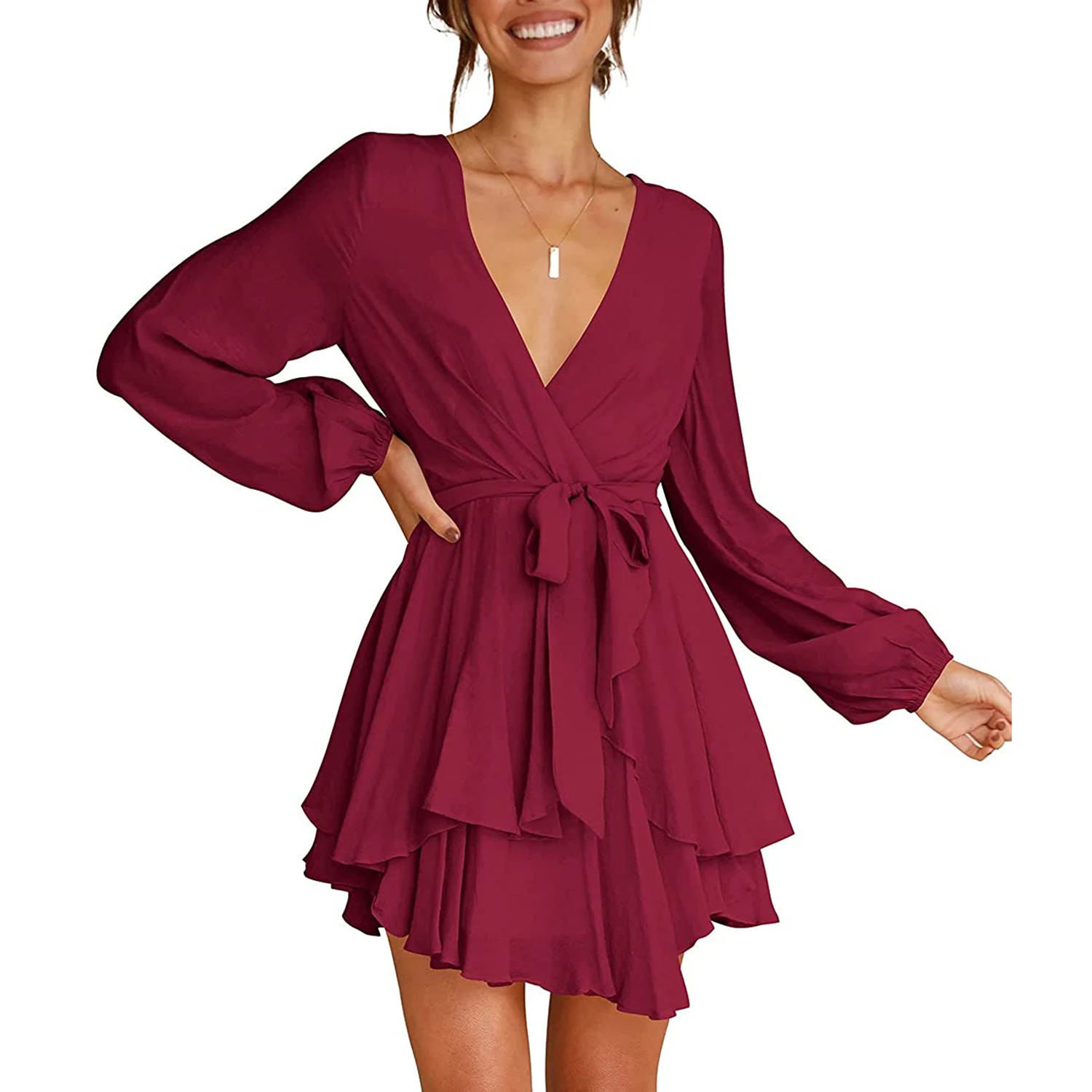 

Women's Deep V-Neck Full Sleeve Waist Tie Ruffle Swing Short Skater Dress