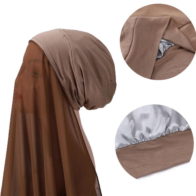 

Instant Muslim Women Satin Silk Hijab With Bonnet Caps Jersey Chiffon Scarf With UnderScarf Inner Caps