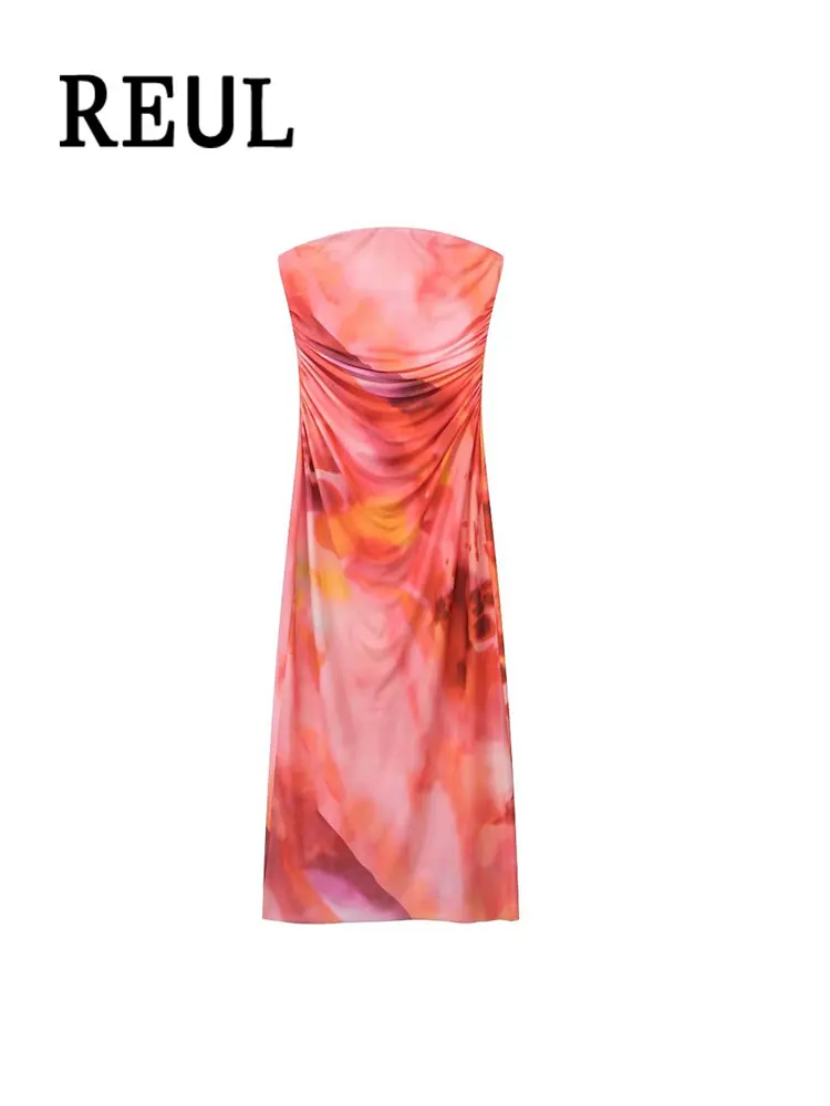 

REUL Women Fashion Bra With Pleated Split Hem Printed Tulle Midi Dress Sexy Off Shoulder Off Back Female Dresses Vesidos Mujer