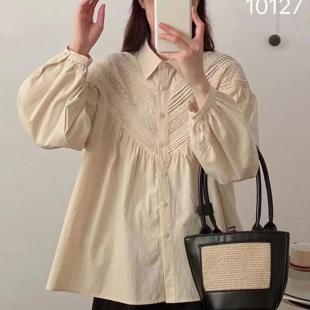 Новые осенние хлопковые однотонные рубашки женские кружевные топы с отложным