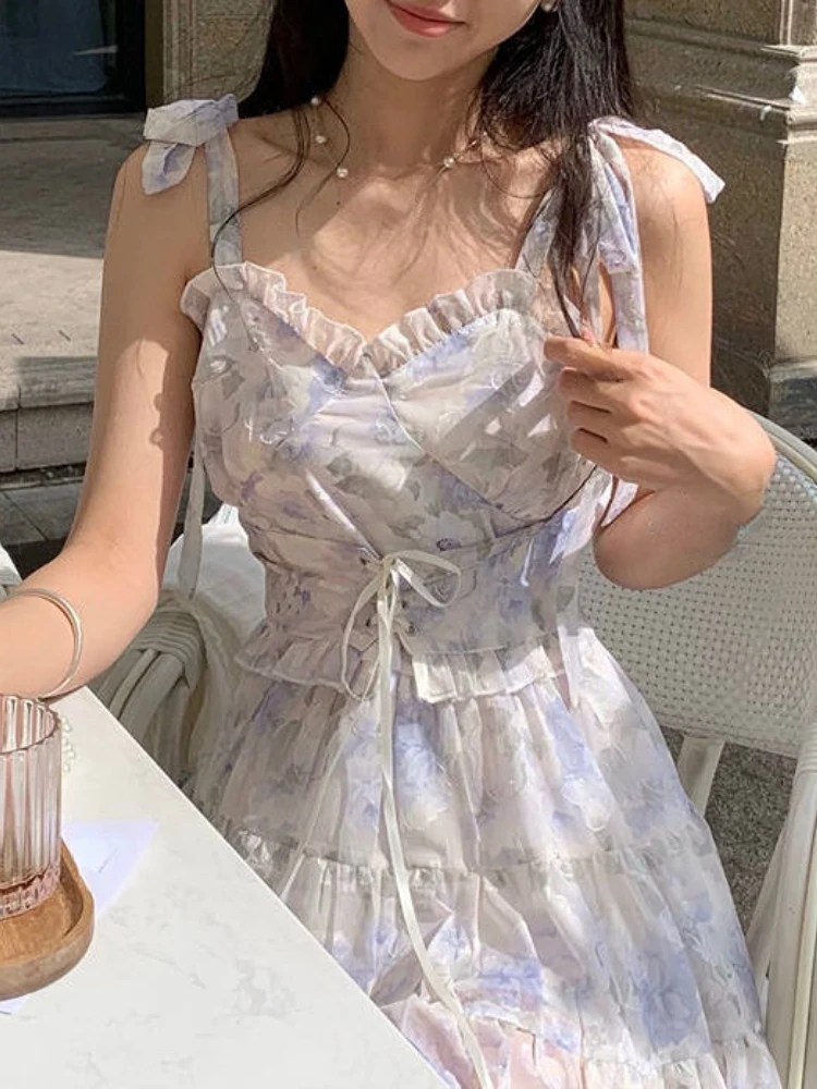 

Женское мини-платье на бретельках, элегантное короткое праздничное платье с цветочным принтом, винтажное цельное платье в Корейском стиле, ...