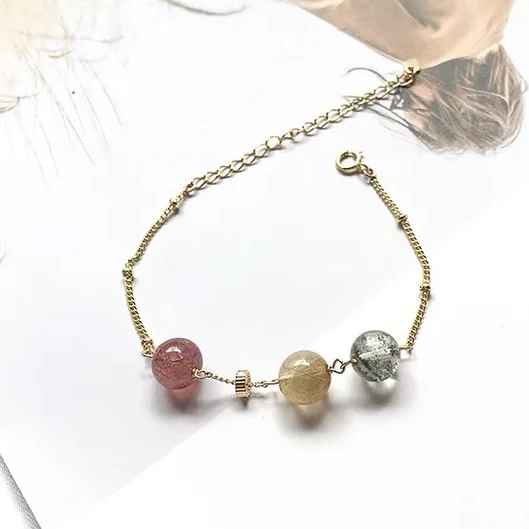 

Natural Stone for Women Gold Rutilated /Green Phantom /Strawberry Energy Bracelet Lover Lucky Amulet Jewelry 14k Gold plated Gi