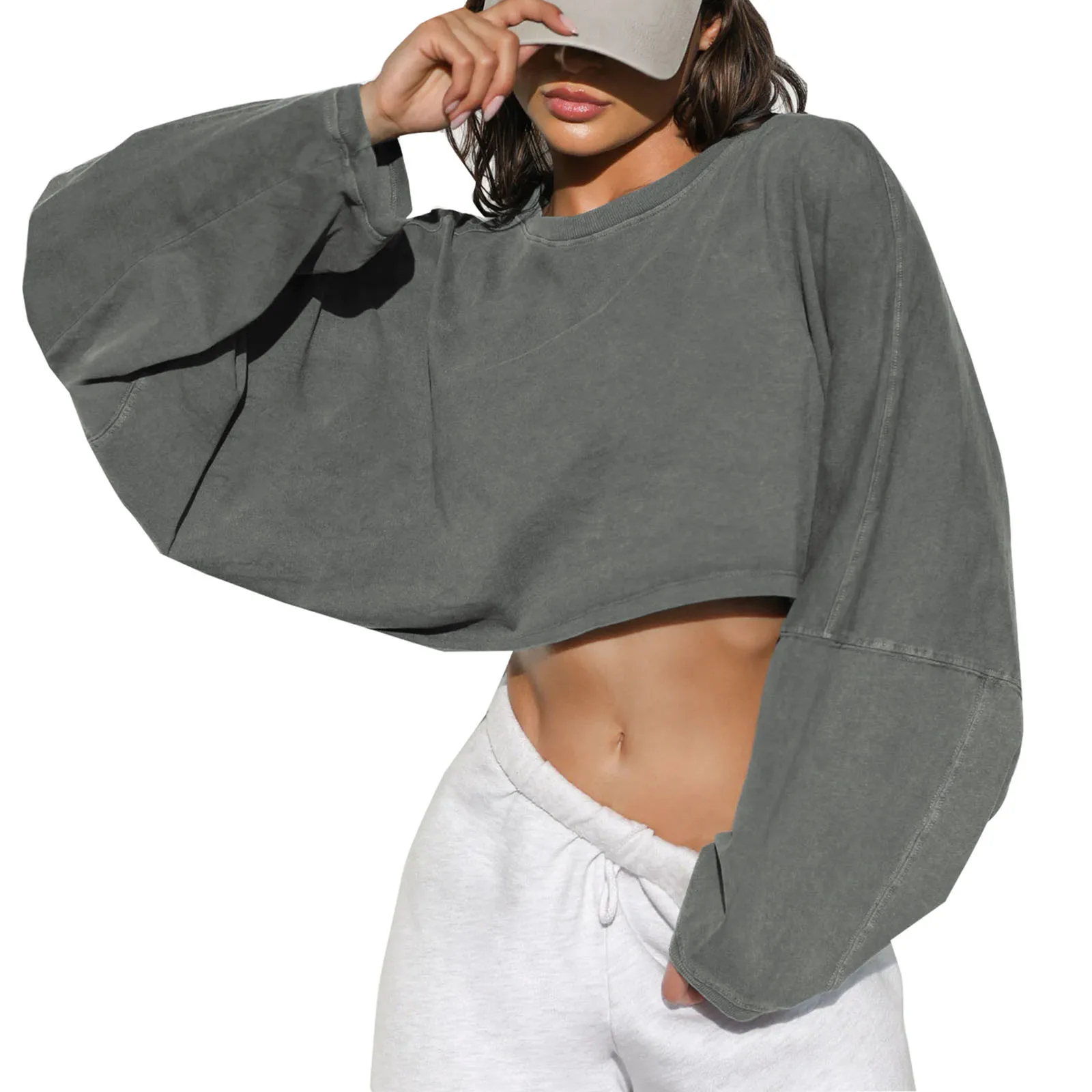 

Укороченный свитшот для женщин, однотонная толстовка с круглым вырезом и длинным рукавом, Спортивная Удлиненная рубашка, шикарная короткая укороченная блузка, женская одежда
