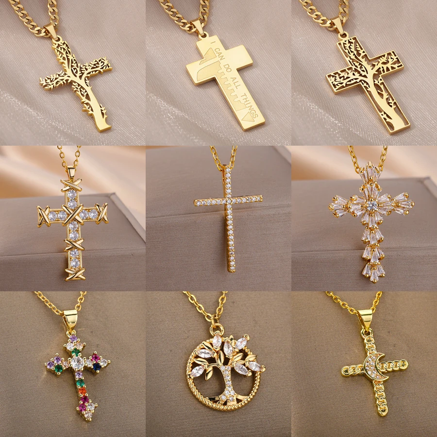 

Zircon Cross Pendant Necklaces for Women Stainless Steel Luxury Chain Choker Necklace 2023 New Trend Jewelry collares para mujer