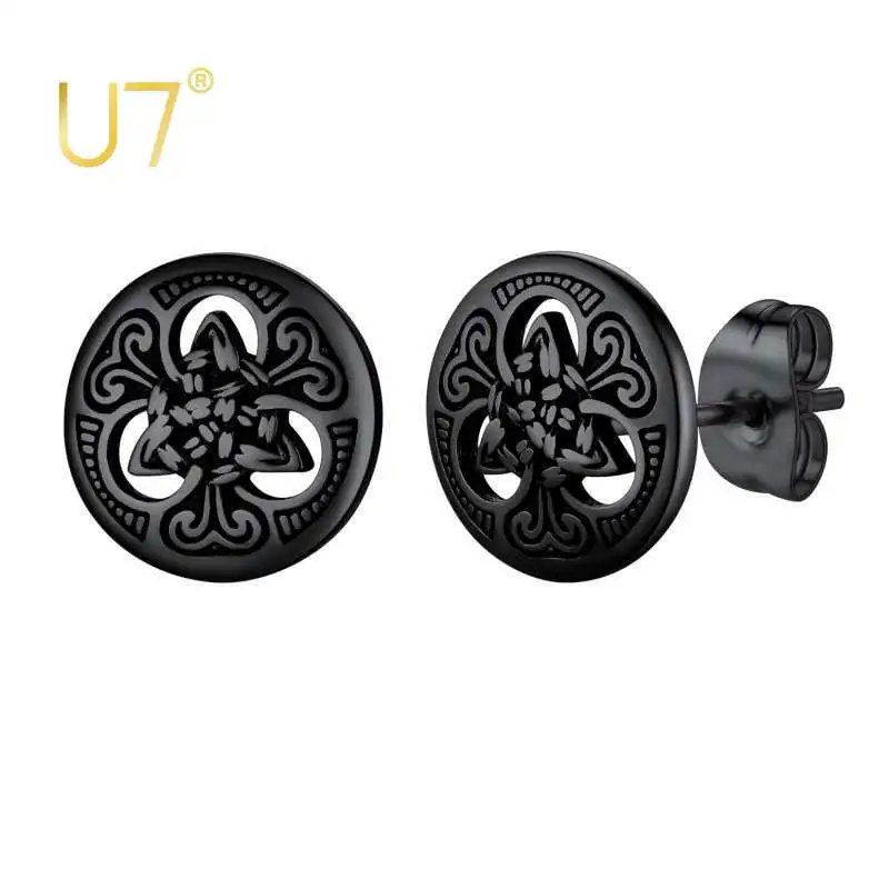 U7 Round Stud Earrings Stainless Steel Retro Black Celtic Knot Earrings for Men Women Girls
