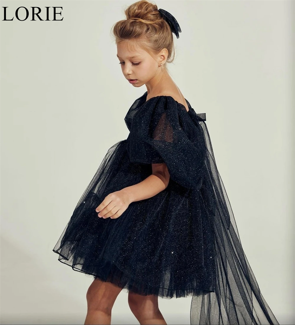 Фото LORIE милое блестящее черное платье с цветочным узором для девочек с квадратным вырезом, плиссированное трапециевидное платье с лентой и пышными рукавами, 2025 блестящее платье на день рождения по индивидуальному заказу №4