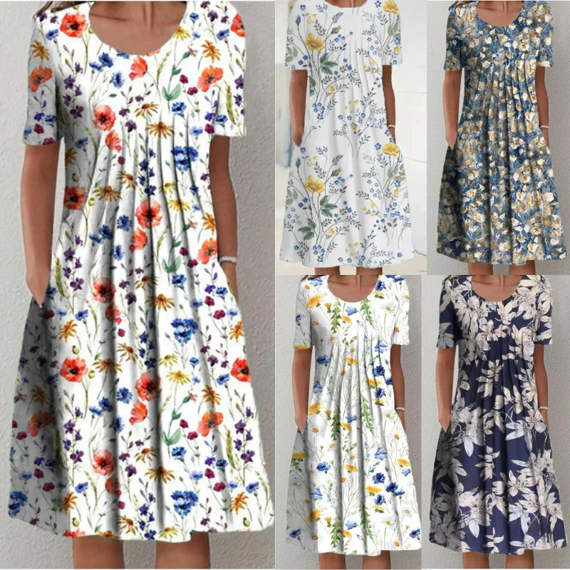 

2022 autumn women's elegant large swing skirt casual printing round neck short-sleeved dress women