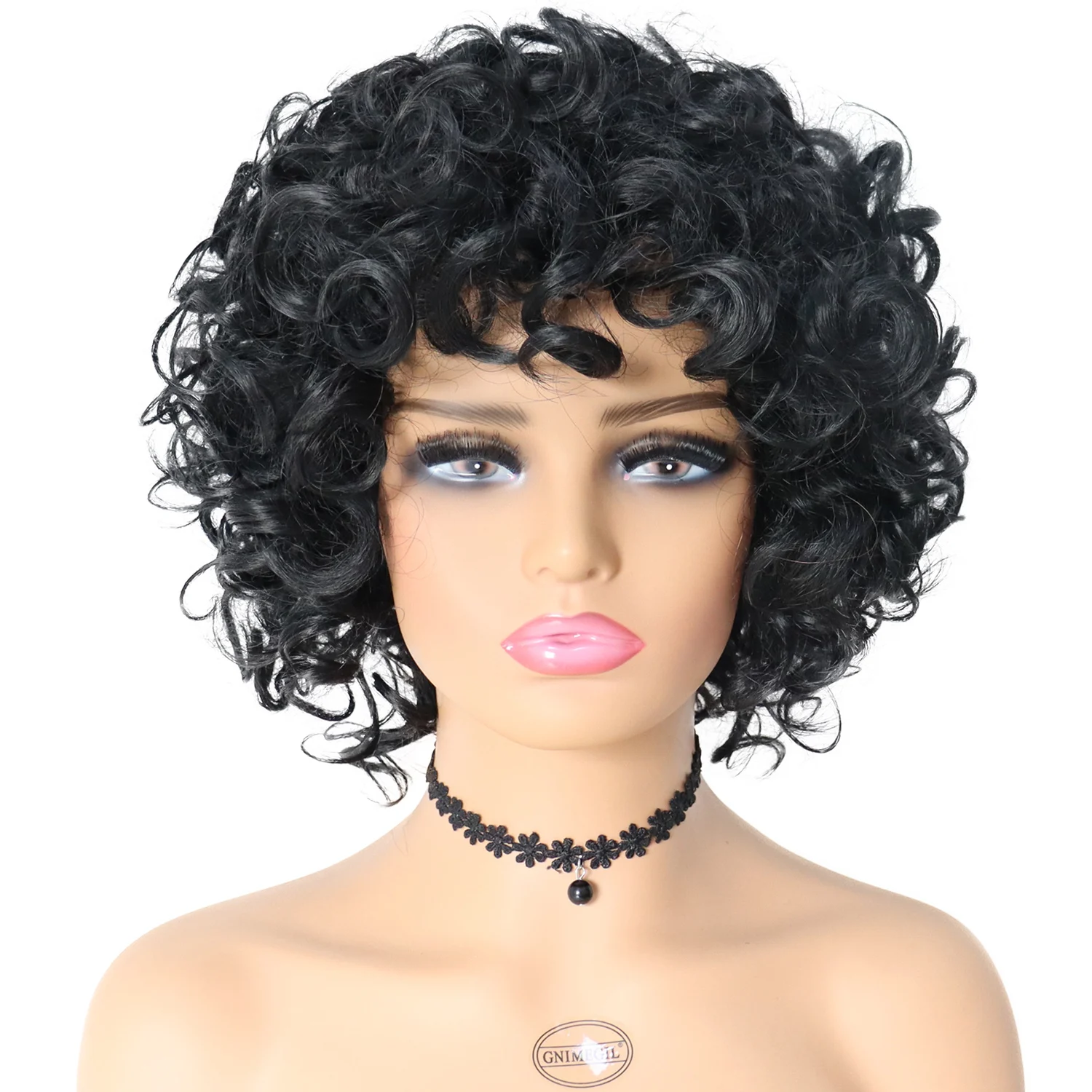 

GNIMEGIL Short Hair Afro Curly Wig with Bangs for Black Women Synthetic Hair Natural Shoulder Fluffy Cosplay Loose Curly Wigs