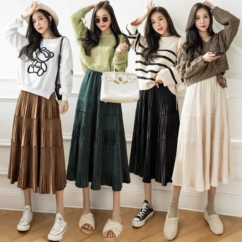 Thick Warm Velvet Long Skirt Women 2022 Autumn Winter Korean Fashion High Waist Pleated Midi Skirt Female Streetwear