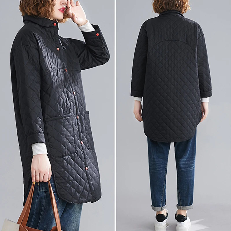 Spring Autumn New Oversize Mid-length Irregular Hem Plaid Quilted Women Fashion Big Pocket Casual Cardigan Cotton Jacket Parkas