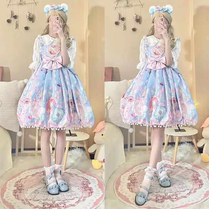 

Japanese Sweet and Cute Lolita Skirt Bow Retro Victorian Gothic Cartoon Lolita JSK Princess Kawaii Sleeveless Dress