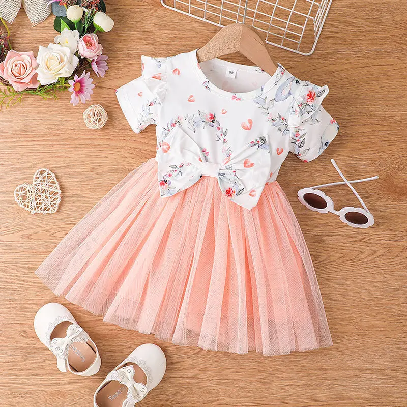 

Children Princess Clothes Dress For Girls Infant Cotton Floral Top Patchwork Solid Mesh A-line Dresses Toddler Casual Clothing
