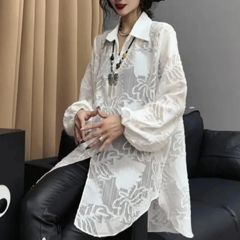 Женская свободная рубашка с длинным рукавом и принтом
