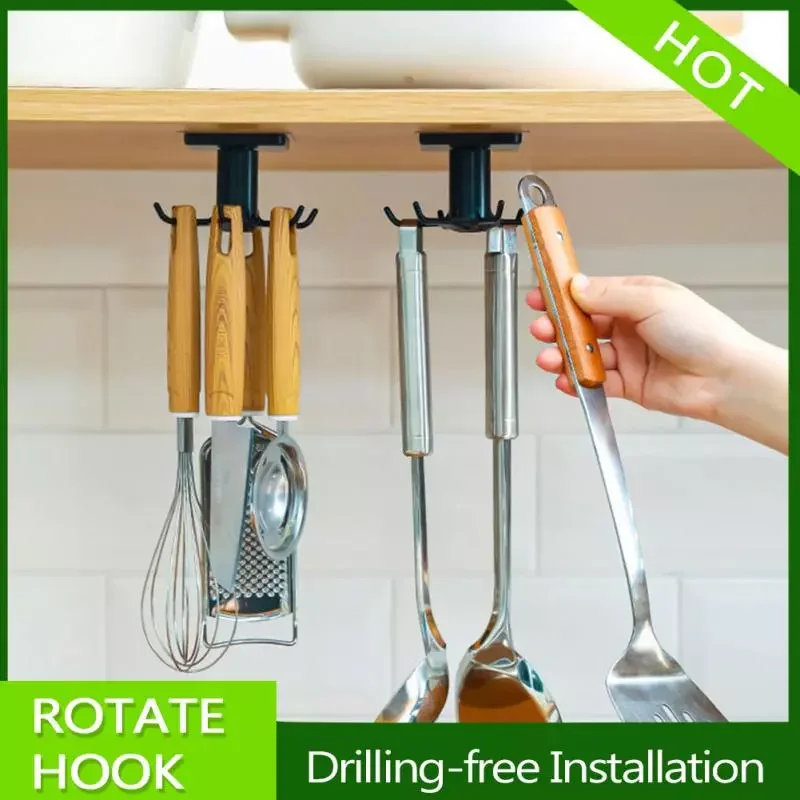 

Kitchen Rotary Hook Wall Mounted Kitchenware Storage Rack Accessories Cabinet Organizer Hook Up Storage Rack Spoon Hanger 2022