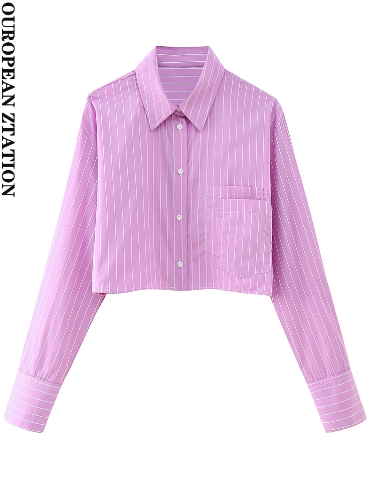 

PAILETE Women 2023 fashion stripes cropped poplin shirts vintage long sleeve button-up female blouses blusas chic tops