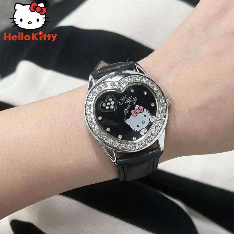 

Часы с кристаллами Hello Kitty, розовое сердце, бриллиант, кавайные часы Sanrio с изображением персонажа из мультфильма, кварцевые часы, милые аксес...