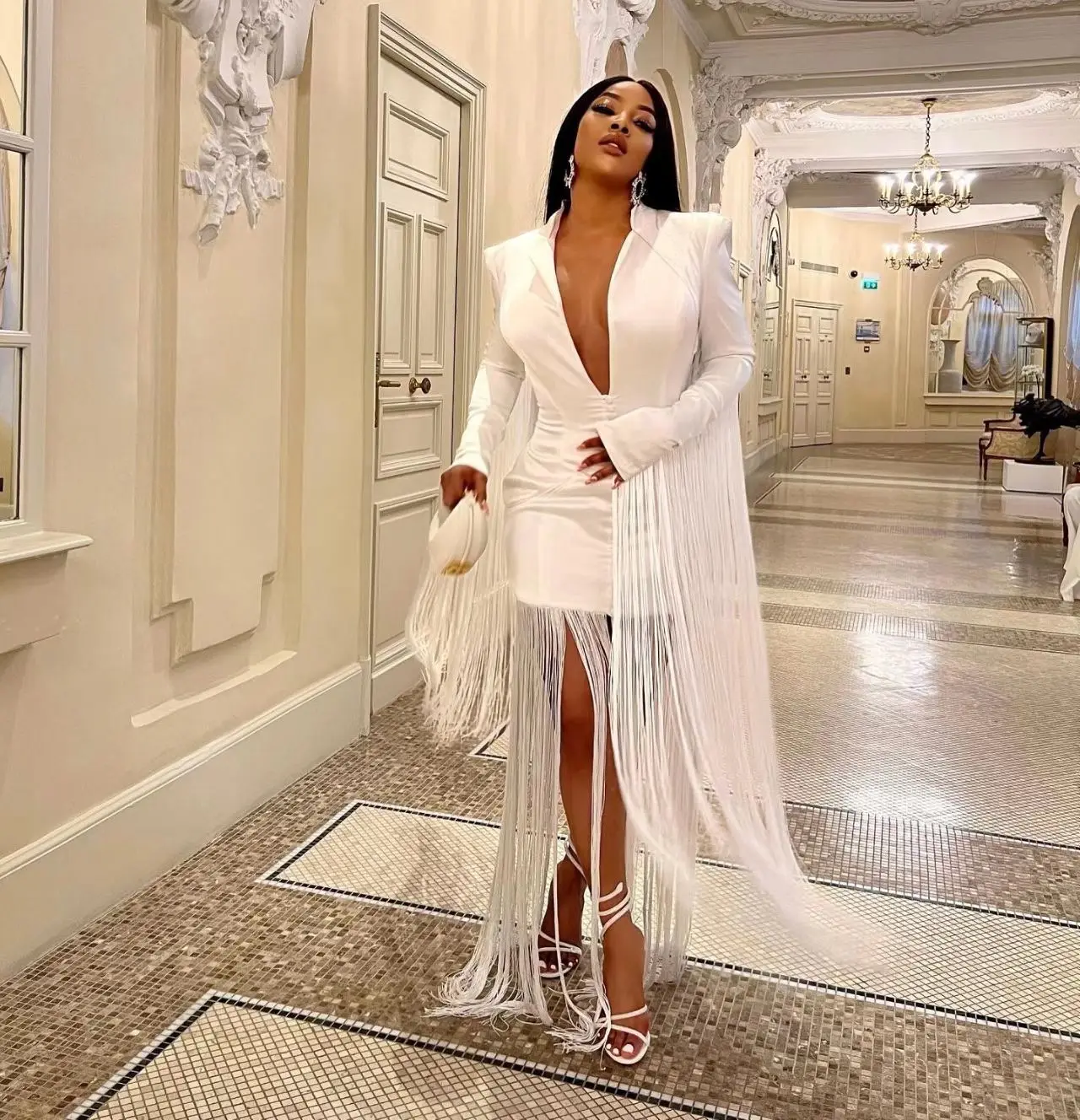 Women Fashion Tassel  Evening Dress Deep V-neck Long Sleeve Party Dress Sexy Slim Waist Lady Office Dresses