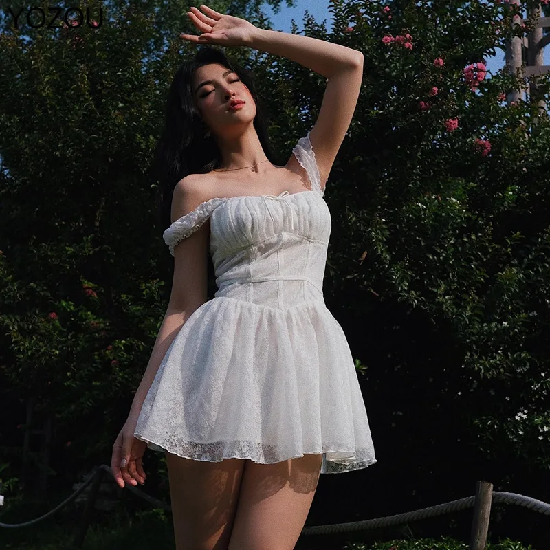 

YOZOU 2022 Summer White Cute Lolita Lace Mini Dress Tank Slip Sundress Solid Kawaii Kpop Korean Women Sweet Girl Female Chic