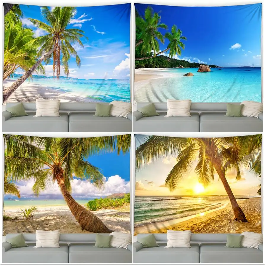 

Customizable Beach Tapestry Tropical Coconut Tree Ocean Scenery Garden Wall Hanging Home Living Room Bedroom