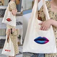 womens shopping bags canvas commuter school vest bag mouth pattern vacation cotton cloth fabric grocery handbags tote
