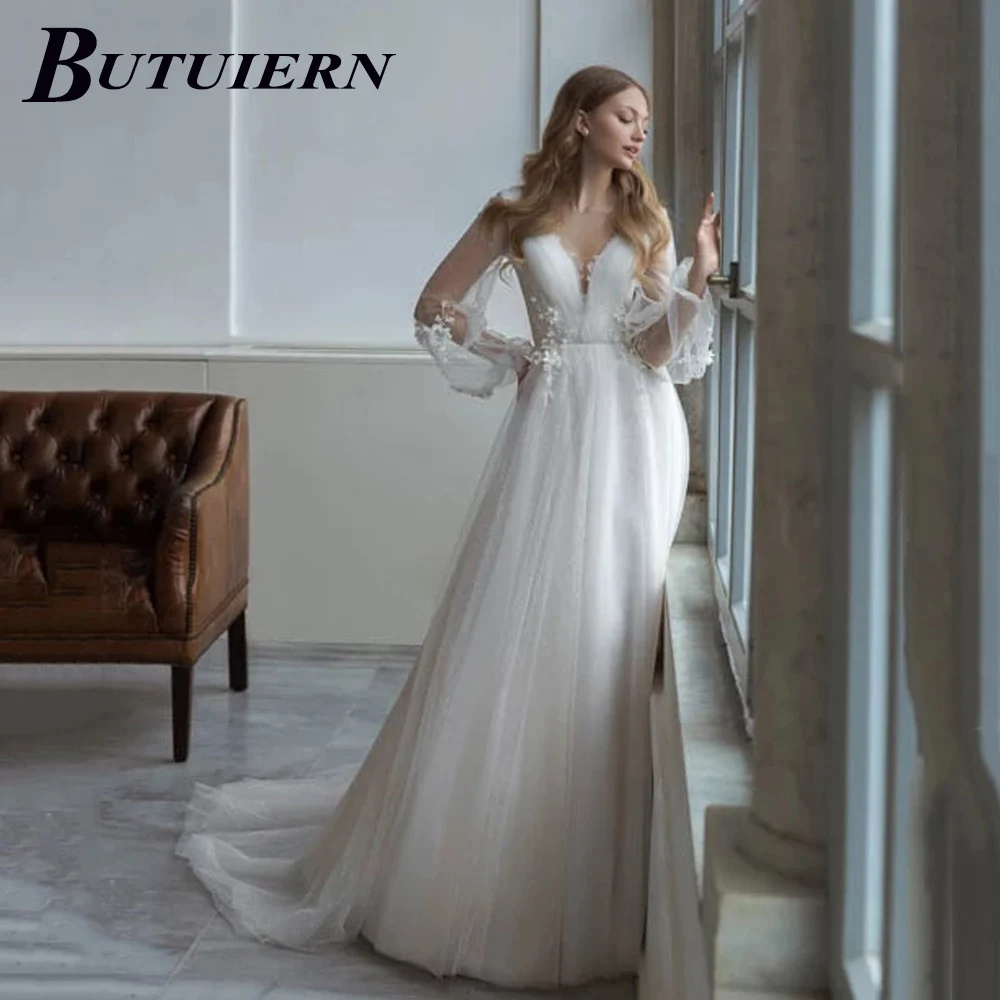 

BUTUIERN Sexy Illuson Appliques Wedding Dress V-neck Lace Aline Long Sleeves Bridal Gown Backless With Court Train Customised