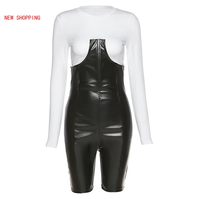 Sexy Women Set Casual Stretchy Crop Tops+Faux PU Leather Overalls Pants Matching Two Piece Sets Slim Fitness Workout Clubwear