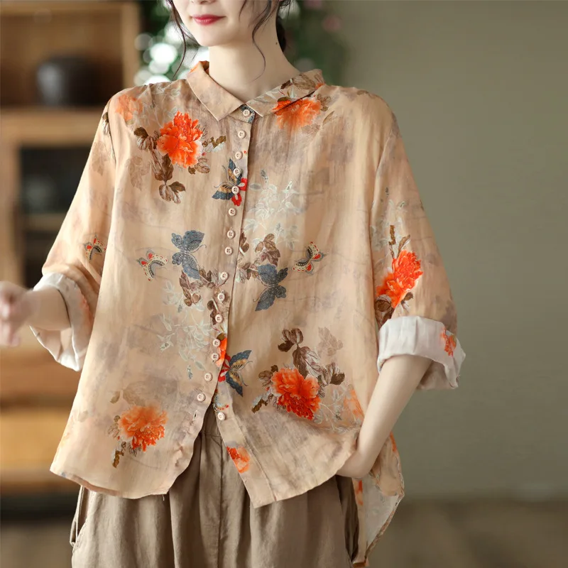 

2023New Women Printed Shirts Spring Summer Mori Girl Style Floral Vintage Loose Single-Breasted Female Tide Tops Elegant Blouse