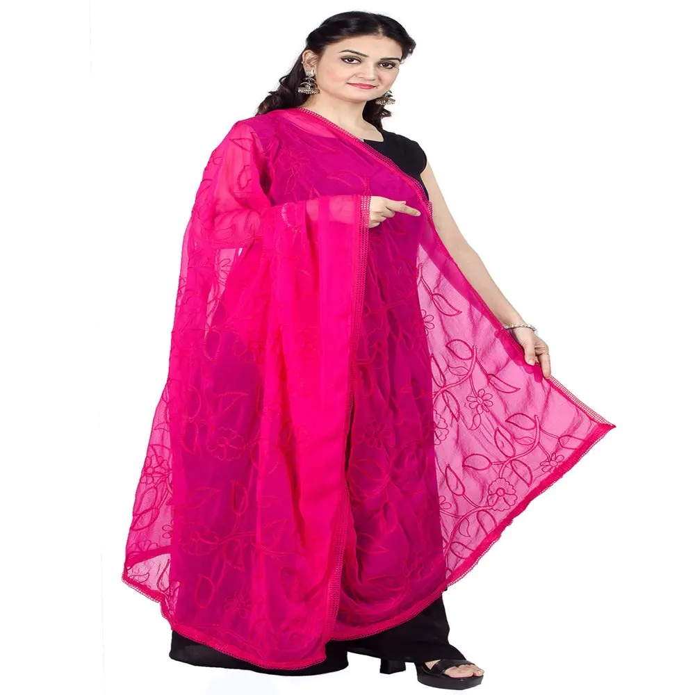 

Women`s Indian Pink Aari work Chiffon Dupatta Neck Wrap Long Stole Scarf Chunni,Free Size (D182PIN)