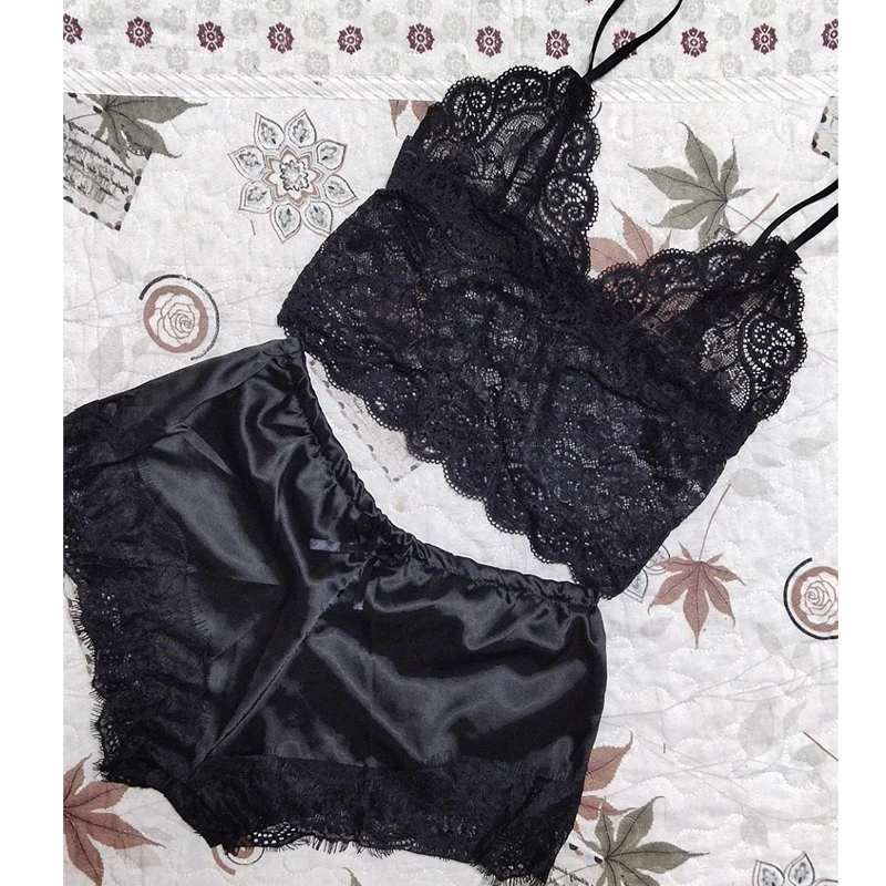 

Free Shipping Lace Sleepwear Set Women Sexy Transparent Sleeveless Tops Silk Shorts Pajamas Nightwear Female Lingerie Sleepwear
