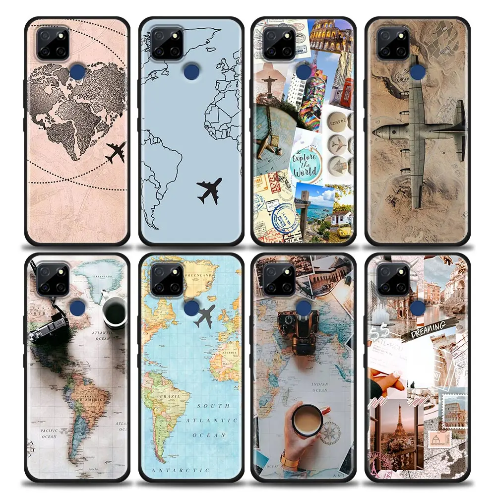 

Phone Case for Realme 5 6 7 7i 8 8i 9i 9 XT GT GT2 C17 Pro 5G SE Master Neo2 Soft Silicone Case Cover World Map Travel Airplan
