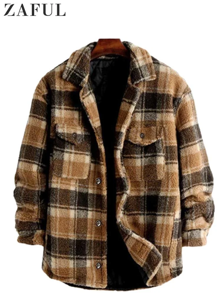 

Jacket for Men Plaid Fluffy Fleece Shirt Jacket with Pocket Button-up Faux Fur Sherpa Fall Winter Streetwear Topcoats NEW