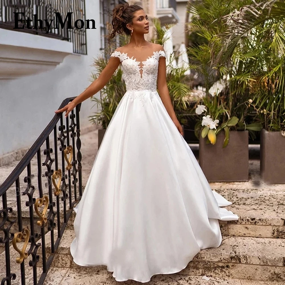 

Ethymon Sleeveless Pastrol Scoop Satin Wedding Gown For Bride Fairytale Button Vestido De Casamento Made To Order Floral Print