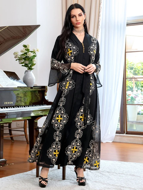 Kaftan Morocco Fashion 2022 Autumn Winter Embroidered Long Dress Muslim Abayat Casual Split Hem Ladies Dresses With Belt