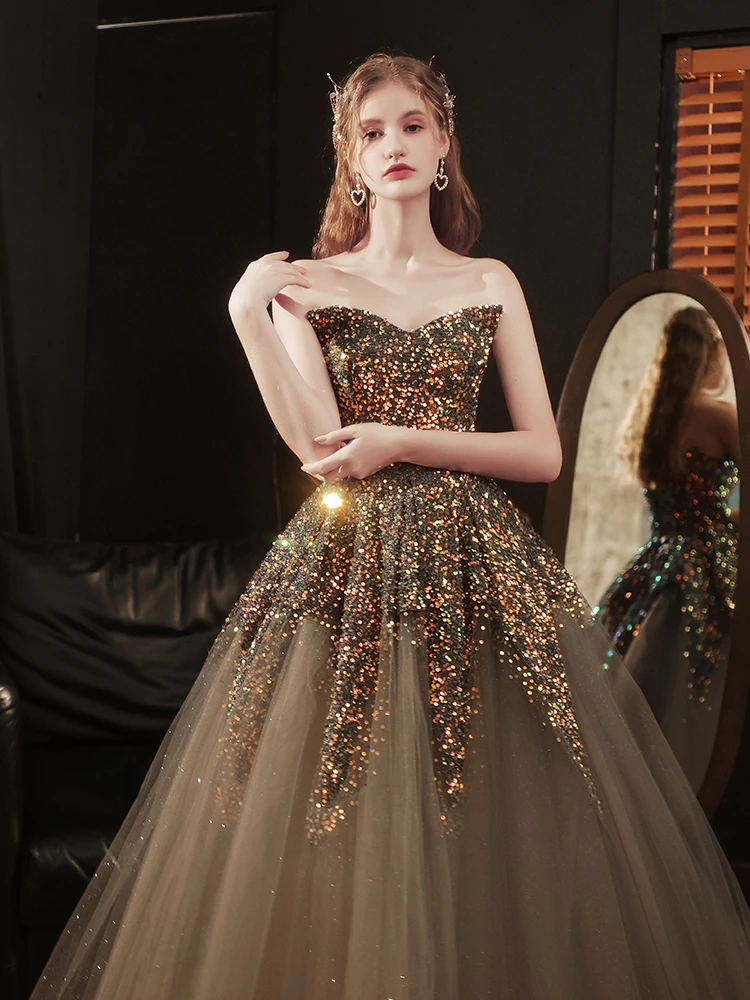 

Brown Shinny Senior Evening Dresses Strapless Off The Shoulder Sequin Ball Luxury Formal Bridesmaid Cocktail Prom Gowns 2023
