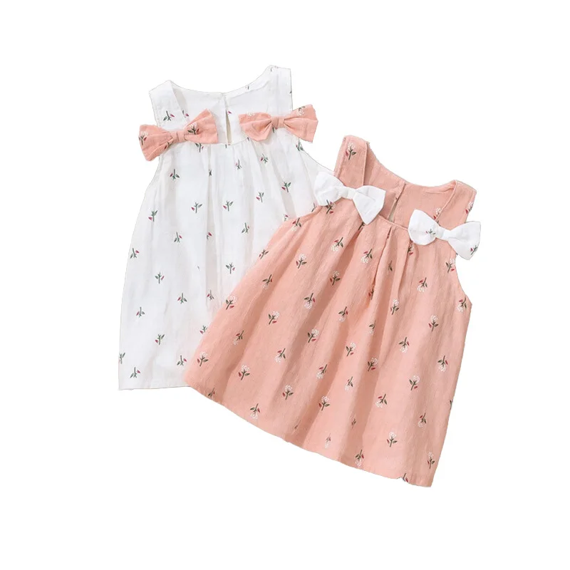 

Simple Solid Color Flower Baby Girl Dress Sleeveless Bowknot Children's Clothes Summer Thin Breathable 0 To 3 Years Old Toddler