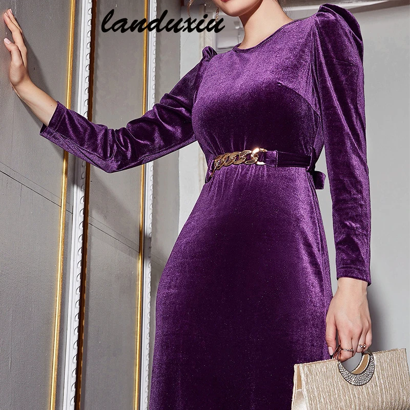 

Landuxiu Autumn Winter 2022 Velvet Long Sleeve Skirt Cover The Belly Small People Light Luxury Royal Sister Celebrity Dress