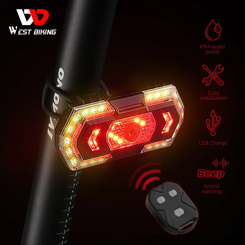 

WEST BIKING Wireless Bike Flashing Tail Light USB Rechargeable Bicycle Rear Directional Lights Beep Turn Signal LED Strobe Light