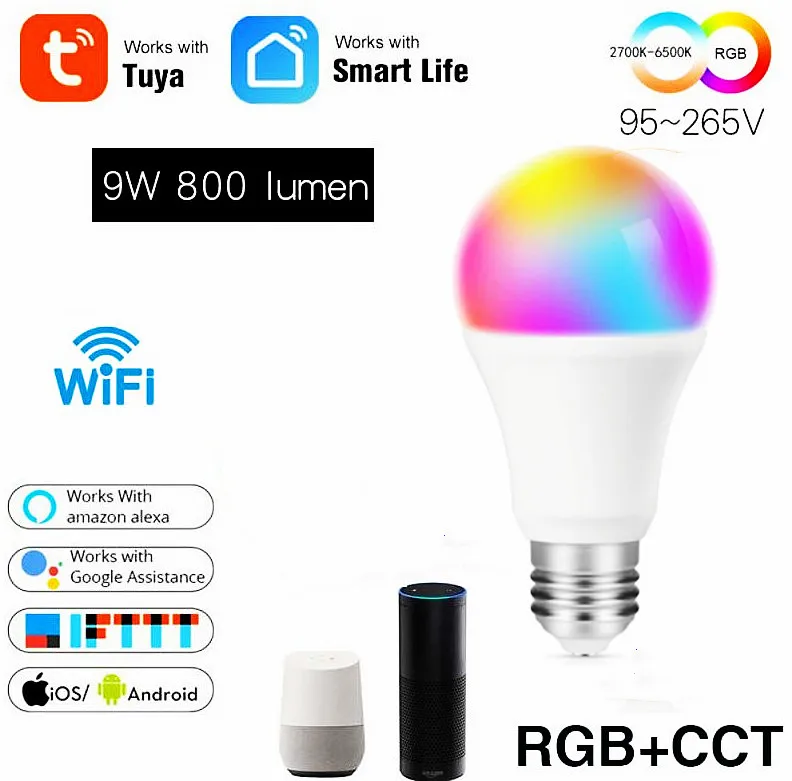

Умная Светодиодная лампа Tuya с Wi-Fi, умный дом, лампа E27, 265 в, 16 миллионов, RGBCW, дистанционное управление голосом, приложение Smart Life для дома, чере...