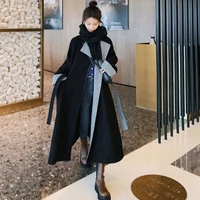 lapel big sashes autumn winter warm thick loose casual overcoat knee length long jackets streetwears england style blend coat