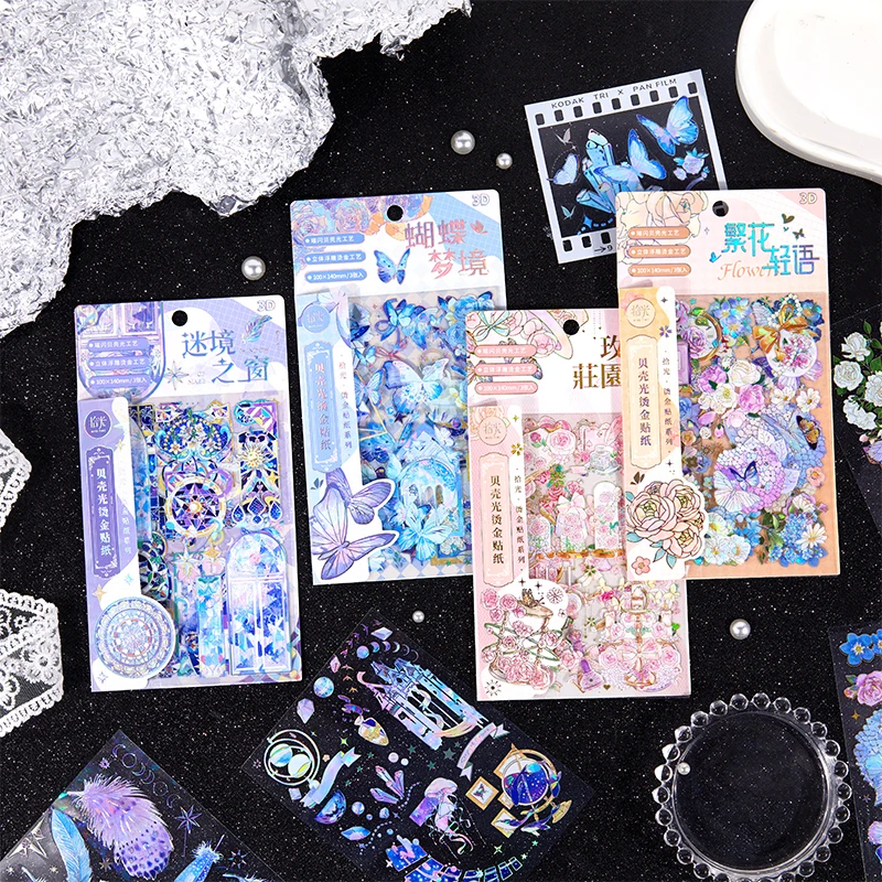 

Journaling 3 pcs PET bronzing sticker Vintage sticker stationery Butterfly floral sticker Journal scrapbooking stickers junk