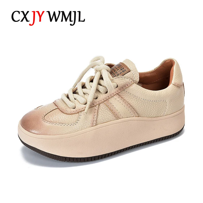 

New Women Cowhide Platform Sneakers Spring Casual Skate Shoes Ladies Genuine Leather Thick Bottom Sports Vulcanized Shoes