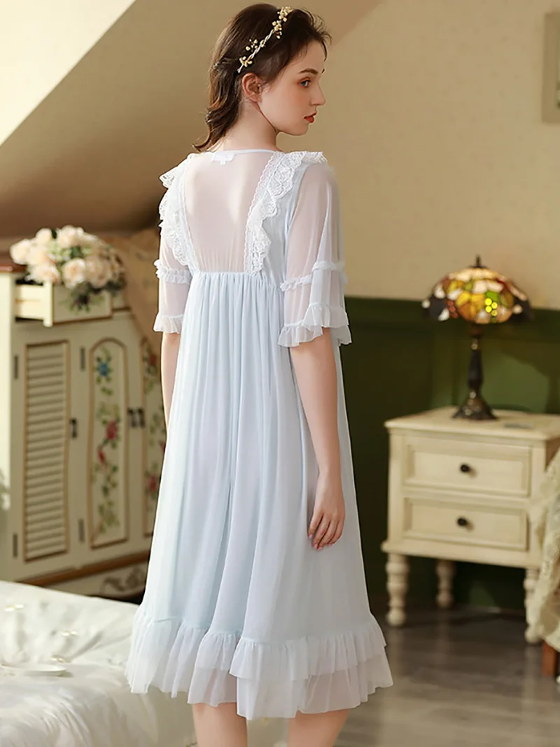 

Женская винтажная пижама в стиле "Лолита" с оборками, ночное платье, весна-осень, сетчатые ночные рубашки в викторианском стиле принцессы с коротким рукавом