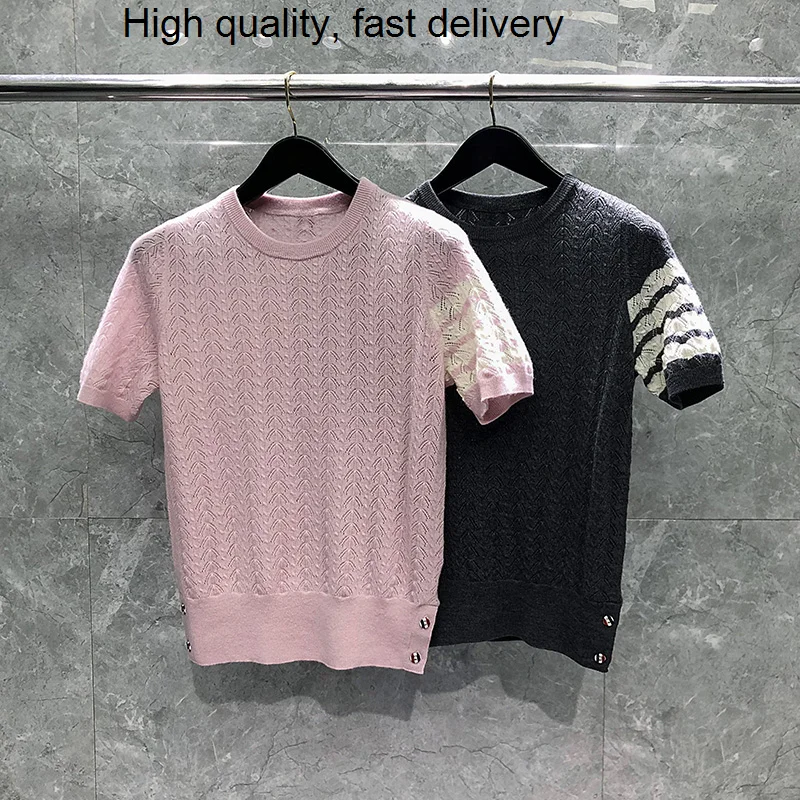 

THOM Pink TB Color Crew Thread Knit Women Loose Sweater Tees T-Shirt Short Sleeves Thin Fabric Lady Crop Tops Pullovers T-Shirt